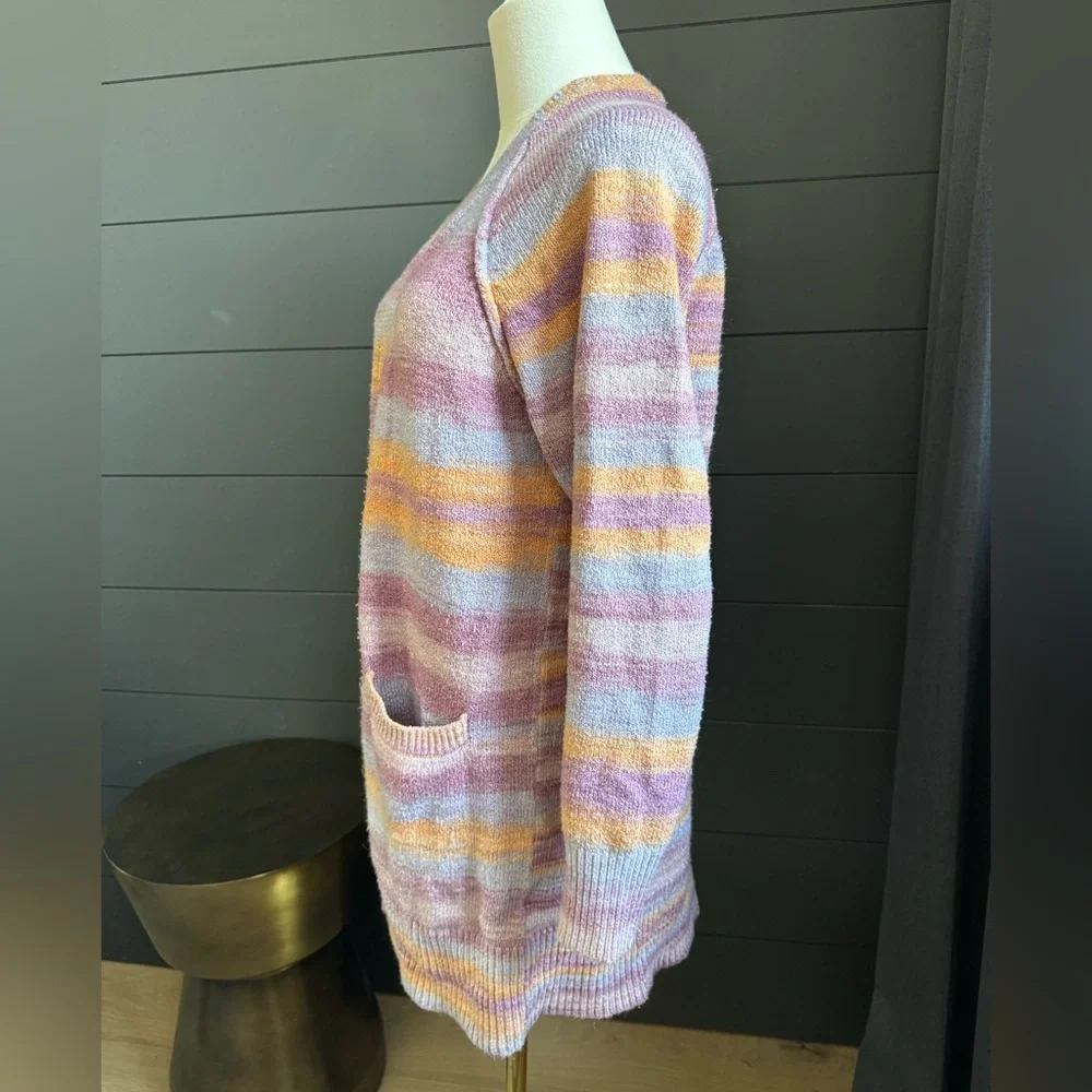 Lucky Brand Pastel Striped Open-Front Cardigan Spring Colors Layering Pockets - Picture 3 of 9